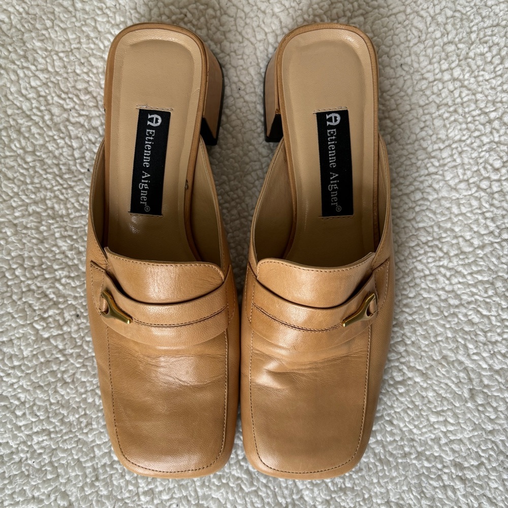 Etienne Aigner Tan Leather Mules